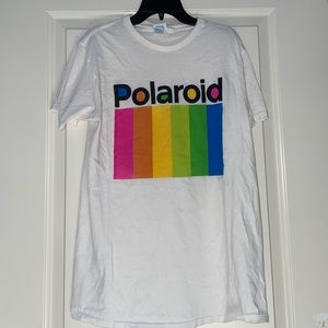 White polaroid shirt with rainbow logo.